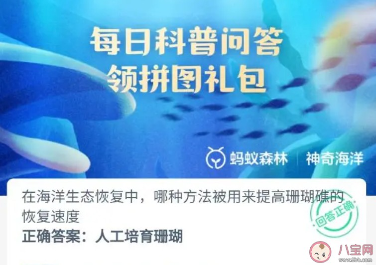 在海洋生態恢復中哪種方法被用來提高珊瑚礁的恢復速度 神奇海洋9月18日答案 在海洋生態恢復中哪種方法被用來提高珊瑚礁的恢復速度 神奇海洋9月18日答案