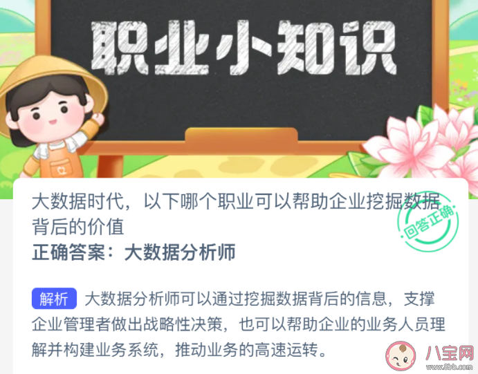 大數(shù)據(jù)時(shí)代以下哪個(gè)職業(yè)可以幫助企業(yè)挖掘數(shù)據(jù)背后的價(jià)值 螞蟻新村1月18日答案 大數(shù)據(jù)時(shí)代以下哪個(gè)職業(yè)可以幫助企業(yè)挖掘數(shù)據(jù)背后的價(jià)值 螞蟻新村1月18日答案