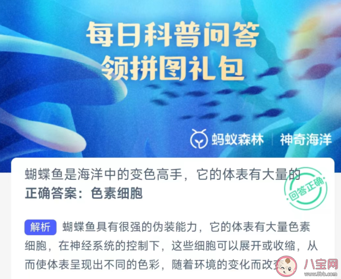 蝴蝶魚是海洋中的變色高手它的體表有大量的什么 神奇海洋3月26日答案